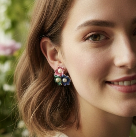Jewelry - Vintage Enamel Flowers Gold Tone Pearl Three Flowers Earrings Pink Green Violet